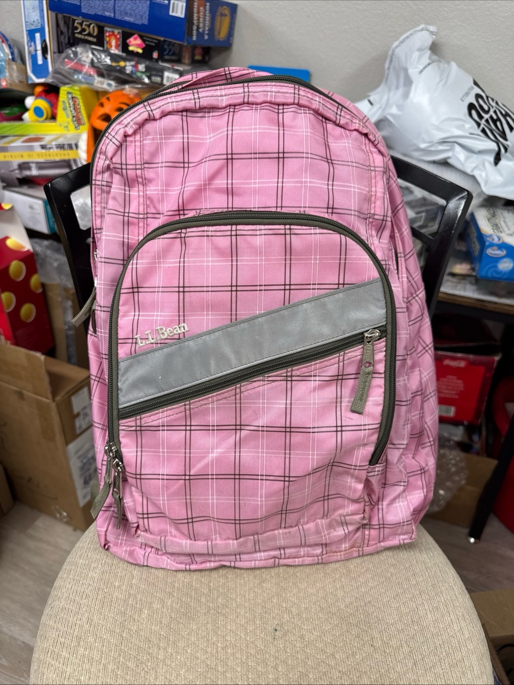 L.L. Bean Pink Plaid Backpack with Gray Accents